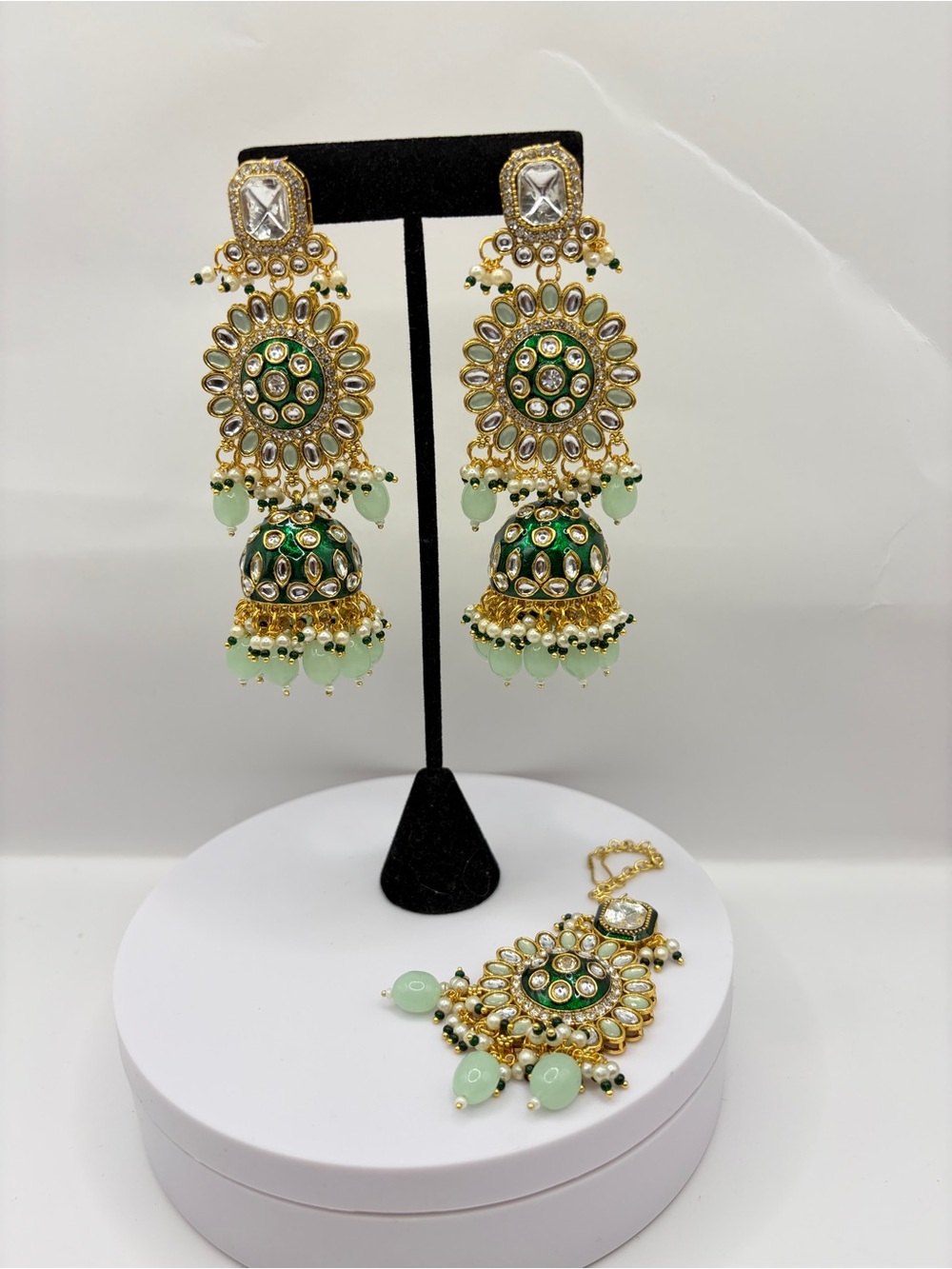 Gold Polish Green Kundan Jhumka Earrings with Maang Tikka - Women Jewelry